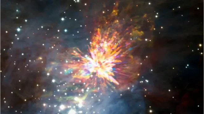 На этом снимке видны остатки после взрыва молодых звезд, который произошел 500 лет назад. Фото: ALMA (ESO/NAOJ/NRAO), J. BALLY/H. DRASS ET AL.