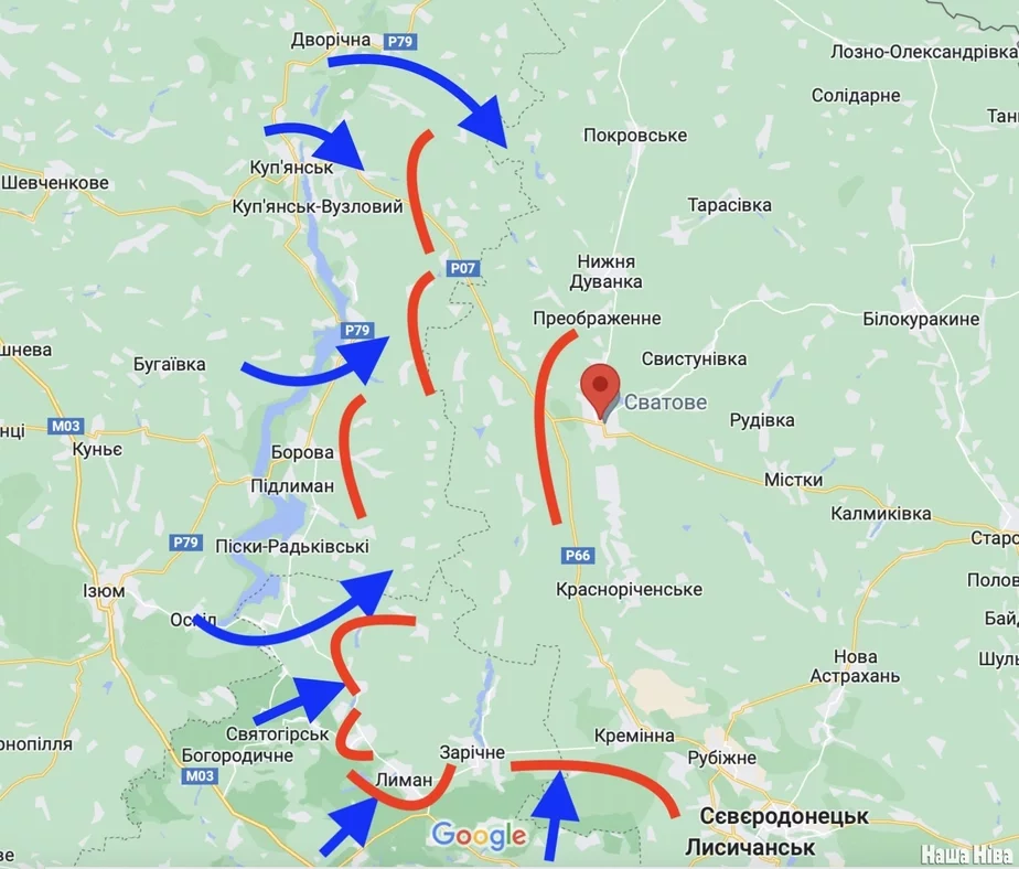 Сінім пазначаныя прыкладныя кірункі наступу ці атак украінскай арміі. Чырвоным — прыкладныя лініі расійскай абароны на 24 верасня. 